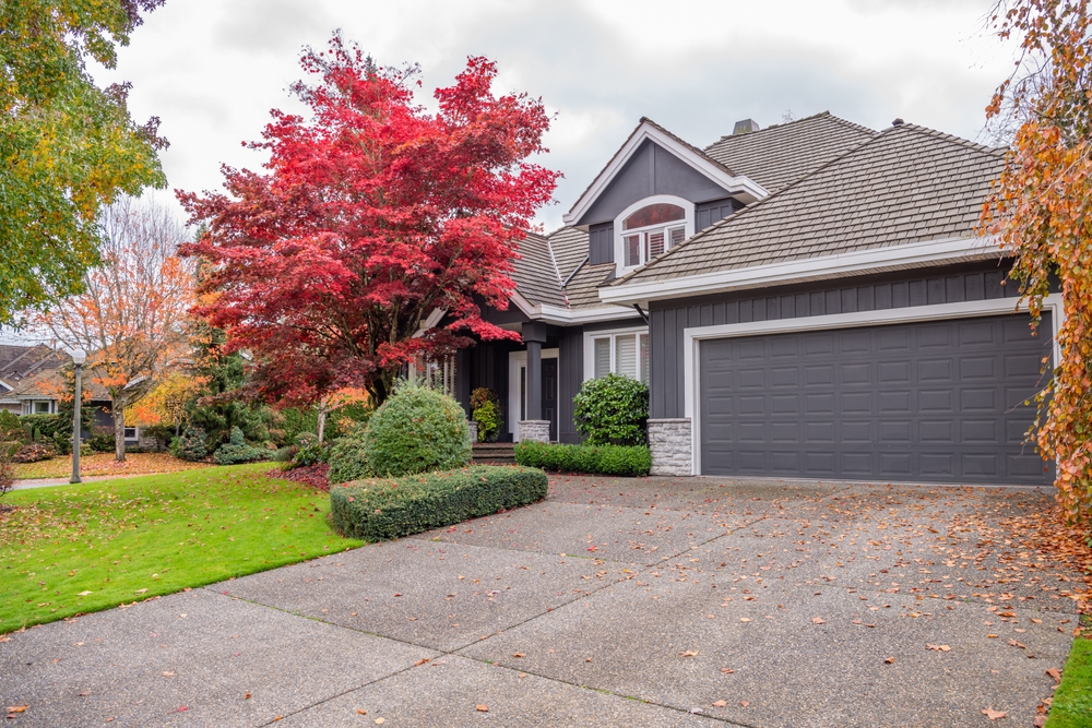 Garage door in luxury house with trees and nice landscape